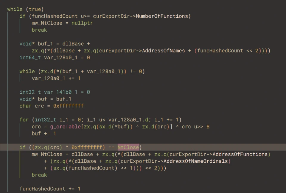 Function hash resolution example for NtClose