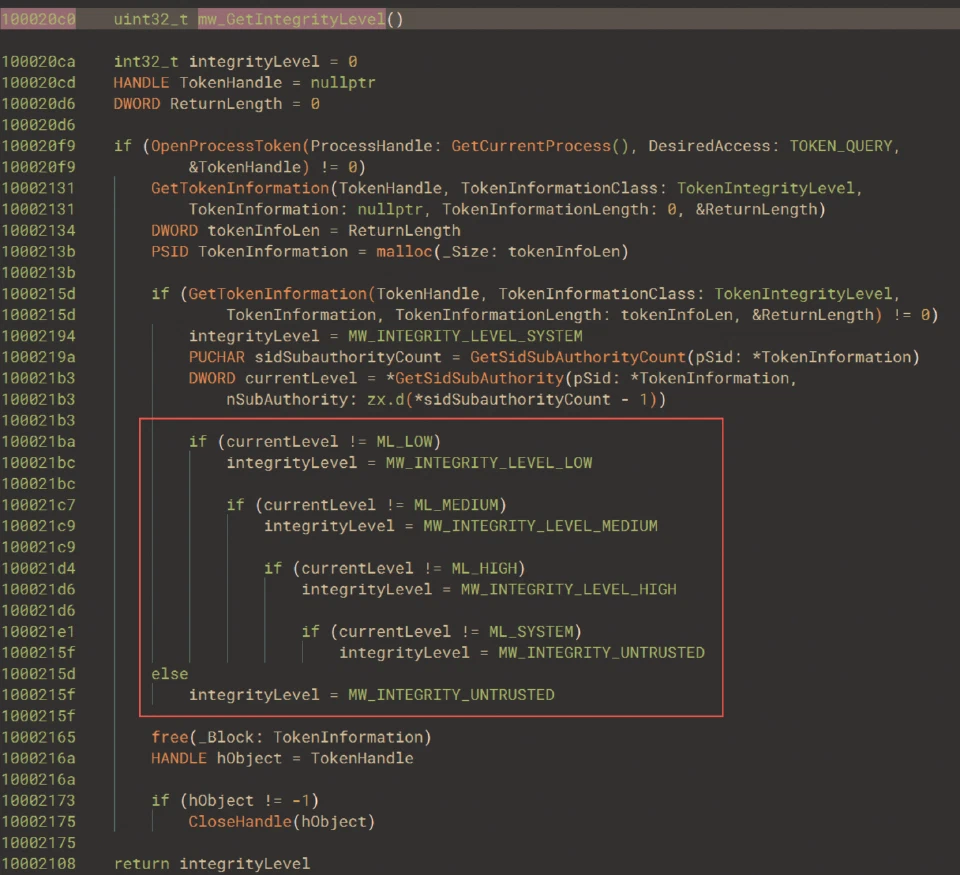 The routine used to gather information on the current integrity level of the running sample through multiple Windows APIs